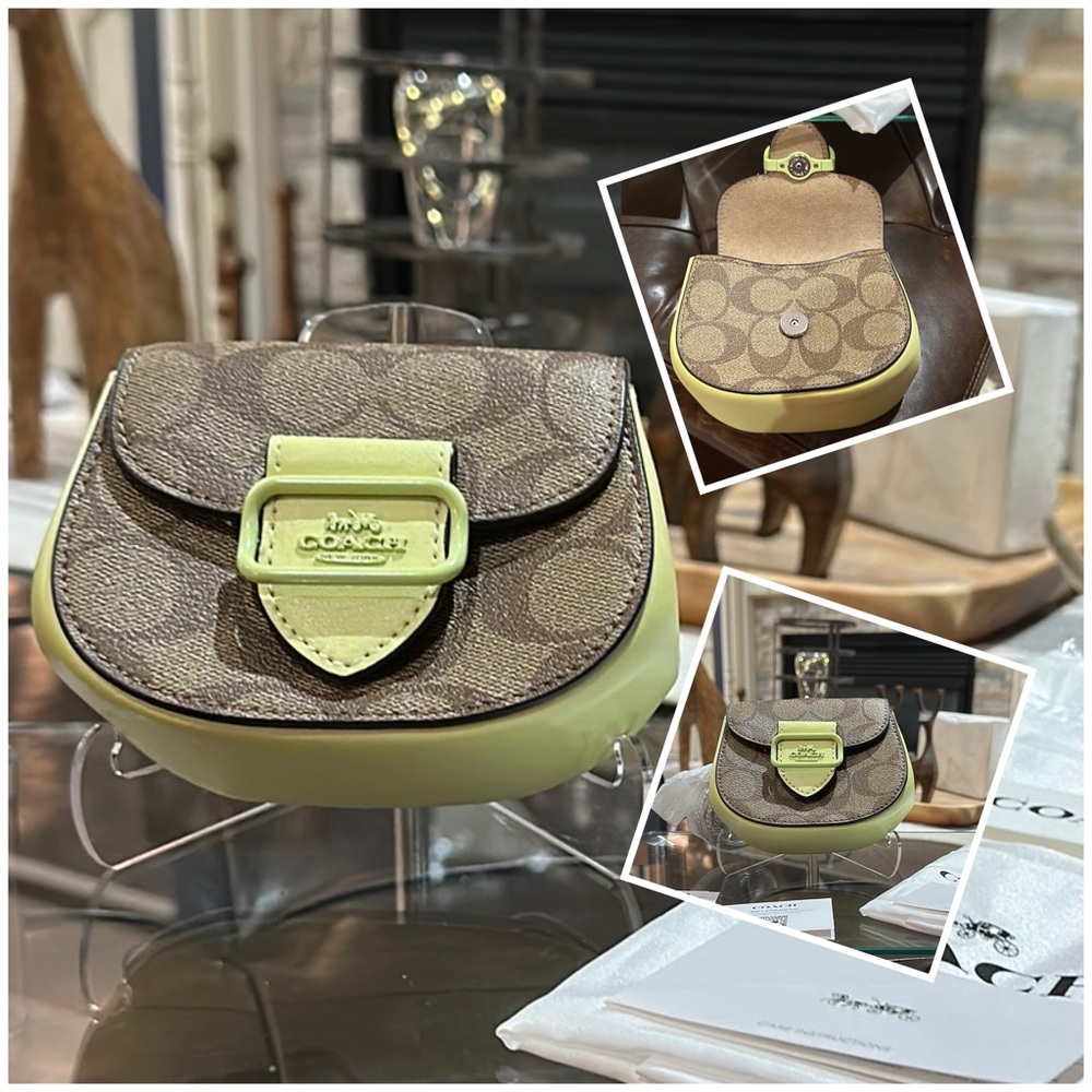Coach Morgan Card Case on a Chain Strap in Signature Khaki & Pale Lime 🍋‍🟩NWT